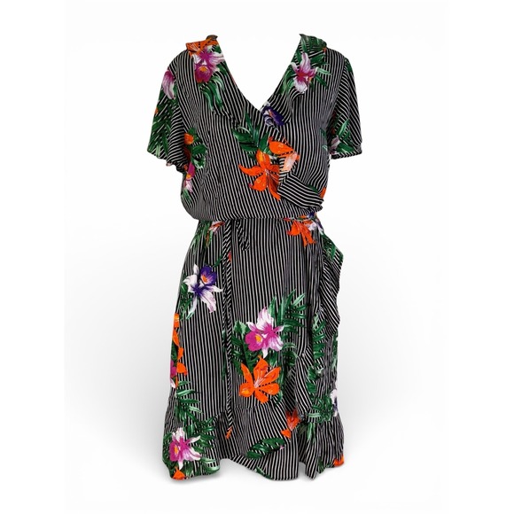Who What Wear Dresses & Skirts - NWT Who What Wear Multicolor Striped Floral Short Sleeve Wrap Dress Size Medium